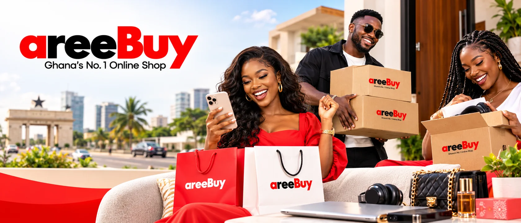 Smiling AreeBuy customers shopping online, receiving packages and opening their purchases80ú0