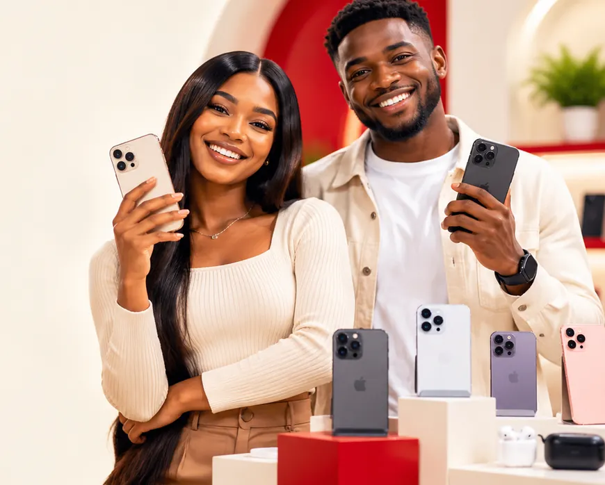 Happy customers with smartphones