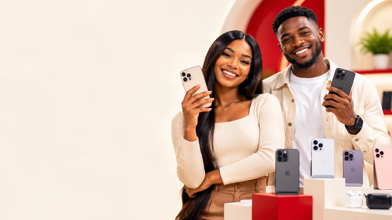 Two happy customers browsing pre-owned smartphones