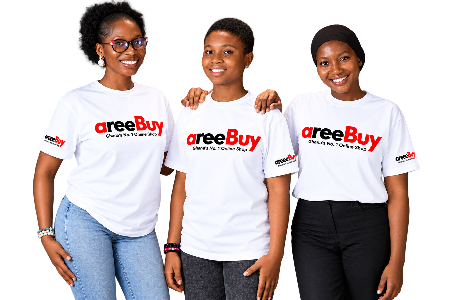 Three AreeBuy team members wearing branded AreeBuy shirts