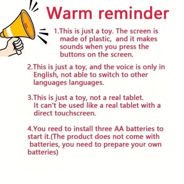 Kids Educational Tablet Toys, Multifunctional with Alphabet, Numbers, Music, for Ages 3-6, Battery Powered with Non-rechargeable AA Battery, Available in Blue & Pink - Image 2